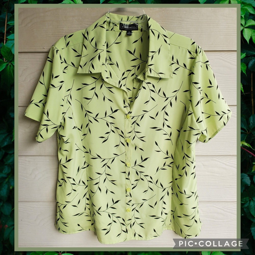 elementz Black Vine Leaf Pattern Short Sleeve Button-down Pistachio Green Blouse